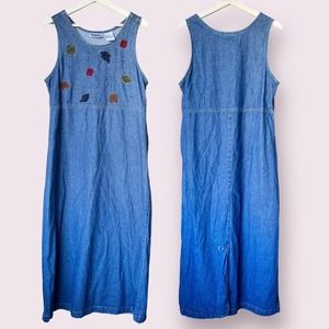 VTG 90S DENIM MAXI DRESS W/ EMBROIDERED LEAVES